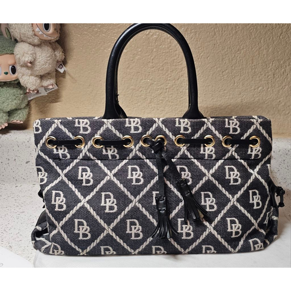 Vintage Denim look - Dooney and Bourke Navy Signature DB Jacquard Tassel Tote - Picture 1 of 7